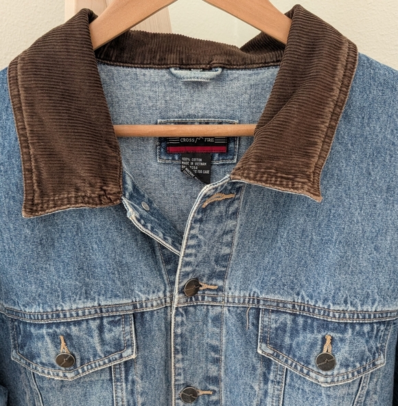 Vintage Classic Cordouroy Collared Button Down Denim Jacket In Blue Denim/Brown - Picture 4 of 10